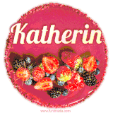 Beautifully decorated red velvet berry birthday cake with vibrant fruits and a glowing 'Katherin' name, adding a touch of sweetness and sparkle.