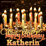 A glowing personalized birthday GIF with name Katherin featuring lit candles with intricate designs, warm lighting, and the text 'Happy Birthday' in an elegant font.