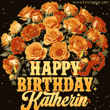 Animated bouquet of orange roses with moving butterfles and golden 'Happy Birthday Katherin' text, surrounded by sparkling accents and a dark backdrop for a luxurious feel.