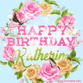 A charming animated GIF featuring 'Happy Birthday Katherin' in pink and green text, surrounded by delicate roses, leaves, and fluttering butterflies on a soft light blue pastel background.