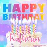 A vibrant animated name GIF with the words 'Happy Birthday Katherin' with colorful candles on a creamy cake. The background sparkles with pastel shades, adding a festive touch.
