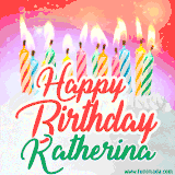 Bright birthday candles with rainbow flames on a cake, alongside the text 'Happy Birthday Katherina' in vibrant script in this celebratory animated GIF.