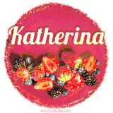 Beautifully decorated red velvet berry birthday cake with vibrant fruits and a glowing 'Katherina' name, adding a touch of sweetness and sparkle.