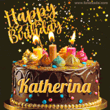A delightful chocolate birthday cake with bright candles and 'Happy Birthday Katherina' written in gold amidst a shower of animated stars.