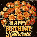 Animated bouquet of orange roses with moving butterfles and golden 'Happy Birthday Katherina' text, surrounded by sparkling accents and a dark backdrop for a luxurious feel.