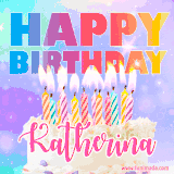 A vibrant animated name GIF with the words 'Happy Birthday Katherina' with colorful candles on a creamy cake. The background sparkles with pastel shades, adding a festive touch.