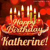 Beautifully decorated red velvet berry birthday cake with vibrant fruits and a glowing 'Katherine' name, adding a touch of sweetness and sparkle.