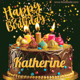 A delightful chocolate birthday cake with bright candles and 'Happy Birthday Katherine' written in gold amidst a shower of animated stars.