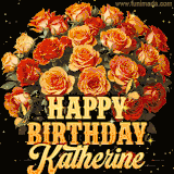 Animated bouquet of orange roses with moving butterfles and golden 'Happy Birthday Katherine' text, surrounded by sparkling accents and a dark backdrop for a luxurious feel.