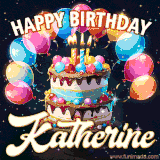 Bright birthday animation for Katherine with a chocolate cake, candles, balloons, and glowing celebratory lights.