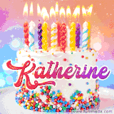 A cheerful white birthday cake with multicolor sprinkles, lit candles, and 'Katherine' written in vibrant letters, in an animated GIF.