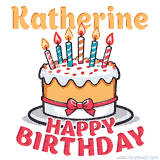 Cartoon birthday cake with a red bow, glowing candles, and 'Katherine Happy Birthday' text in bold animated style.