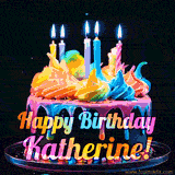 A mesmerizing animated cake with multicolor frosting and candles, and the words 'Happy Birthday Katherine' on the black background.