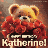 Cinematic style cute animated teddy bear with charming features holding a large bouquet of red roses, the words say 'Happy Birthday Katherine' in sans serif font.
