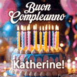 Birthday cake topped with pink and yellow lit candles, surrounded by glowing bokeh lights and party balloons. The greeting 'Buon Compleanno Katherine GIF!' is displayed.