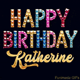 Vibrant luxury birthday greeting card for Katherine, showing glittering gemstone letters and golden calligraphy on a dark background with twinkling shine effects.
