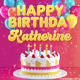 Pink-themed animated greeting with balloons, confetti, and a frosted cake under the message 'Happy Birthday Katherine' in bold rounded yellow font.