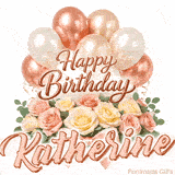 A bouquet of pastel roses and green leaves with Happy Birthday Katherine animation