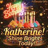 Flickering candles of different colors on top of a chocolate glaze cake with Katherine's name in elegant writing.