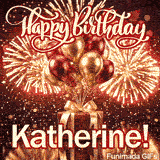 Glittering golden firework sparks and glowing bokeh lights behind a customized birthday present with the name Katherine