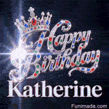 Festive queen crown GIF with the name Katherine, decorated with colorful gems, diamonds, and a sparkly lens flare.