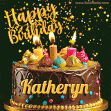 A delightful chocolate birthday cake with bright candles and 'Happy Birthday Katheryn' written in gold amidst a shower of animated stars.