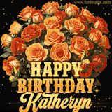 Animated bouquet of orange roses with moving butterfles and golden 'Happy Birthday Katheryn' text, surrounded by sparkling accents and a dark backdrop for a luxurious feel.