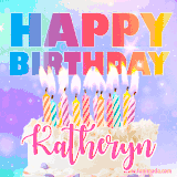 A vibrant animated name GIF with the words 'Happy Birthday Katheryn' with colorful candles on a creamy cake. The background sparkles with pastel shades, adding a festive touch.