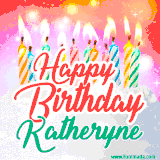Bright birthday candles with rainbow flames on a cake, alongside the text 'Happy Birthday Katheryne' in vibrant script in this celebratory animated GIF.