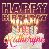 A colorful birthday cake topped with lit candles, with the words 'Happy Birthday Katheryne' in bold glowing letters on a burgundy background. Animated flames add a festive touch.