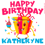 A vibrant and funny gift box character with a happy face dancing with a cupcake and the text 'Happy Birthday Katheryne,' surrounded by animated confetti and party vibes.