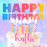 A vibrant animated name GIF with the words 'Happy Birthday Kathi' with colorful candles on a creamy cake. The background sparkles with pastel shades, adding a festive touch.
