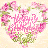 A stunning heart made of pink roses surrounds the elegant script text 'Happy Birthday Kathi' on a soft beige background. Animated sparkles add a magical and festive feel.