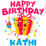 A vibrant and funny gift box character with a happy face dancing with a cupcake and the text 'Happy Birthday Kathi,' surrounded by animated confetti and party vibes.