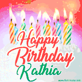 Bright birthday candles with rainbow flames on a cake, alongside the text 'Happy Birthday Kathia' in vibrant script in this celebratory animated GIF.
