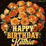Animated bouquet of orange roses with moving butterfles and golden 'Happy Birthday Kathia' text, surrounded by sparkling accents and a dark backdrop for a luxurious feel.