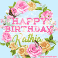 A charming animated GIF featuring 'Happy Birthday Kathia' in pink and green text, surrounded by delicate roses, leaves, and fluttering butterflies on a soft light blue pastel background.