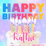 A vibrant animated name GIF with the words 'Happy Birthday Kathie' with colorful candles on a creamy cake. The background sparkles with pastel shades, adding a festive touch.