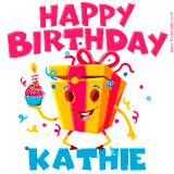 A vibrant and funny gift box character with a happy face dancing with a cupcake and the text 'Happy Birthday Kathie,' surrounded by animated confetti and party vibes.