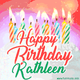 Bright birthday candles with rainbow flames on a cake, alongside the text 'Happy Birthday Kathleen' in vibrant script in this celebratory animated GIF.