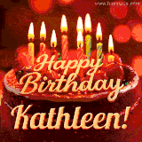 Beautifully decorated red velvet berry birthday cake with vibrant fruits and a glowing 'Kathleen' name, adding a touch of sweetness and sparkle.