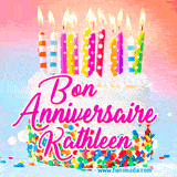 A white birthday cake covered in colorful sprinkles, topped with bright candles, and French text 'Bon Anniversaire Kathleen' on a pastel gradient background in an animated GIF.