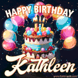 Bright birthday animation for Kathleen with a chocolate cake, candles, balloons, and glowing celebratory lights.