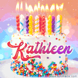 A cheerful white birthday cake with multicolor sprinkles, lit candles, and 'Kathleen' written in vibrant letters, in an animated GIF.