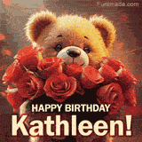 Cinematic style cute animated teddy bear with charming features holding a large bouquet of red roses, the words say 'Happy Birthday Kathleen' in sans serif font.