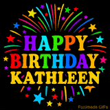 Personalized greeting card with name, colorful text that says 'Happy Birthday Kathleen' surrounded by animated fireworks and multicolor stars