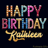Vibrant luxury birthday greeting card for Kathleen, showing glittering gemstone letters and golden calligraphy on a dark background with twinkling shine effects.