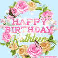 A charming animated GIF featuring 'Happy Birthday Kathleen' in pink and green text, surrounded by delicate roses, leaves, and fluttering butterflies on a soft light blue pastel background.