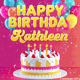 Pink-themed animated greeting with balloons, confetti, and a frosted cake under the message 'Happy Birthday Kathleen' in bold rounded yellow font.