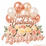 Beautiful pink and peach roses with gently moving Happy Birthday Kathleen text